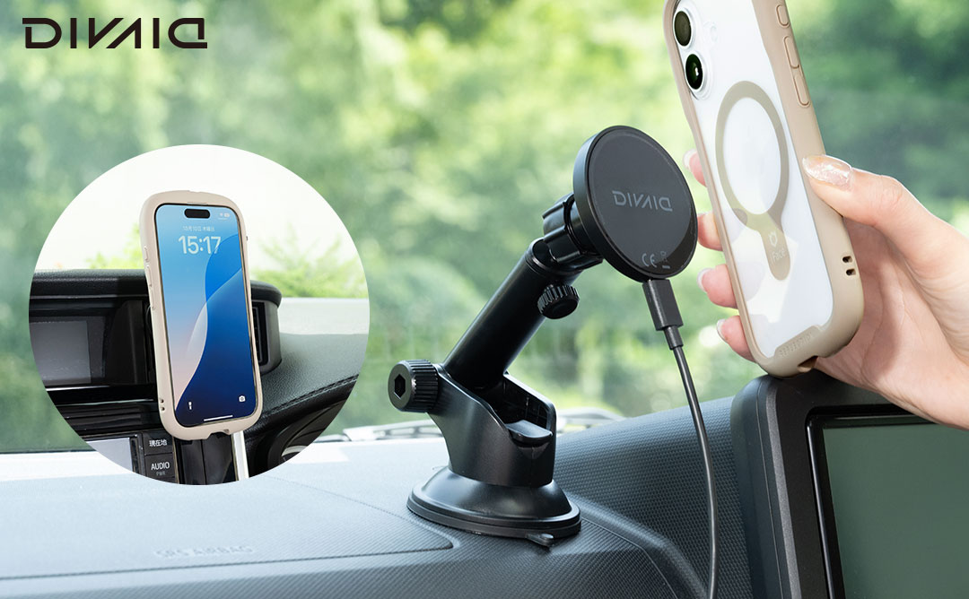 DIVAID マグネット吸着対応 ワイヤレス充電車載ホルダー(ブラック)